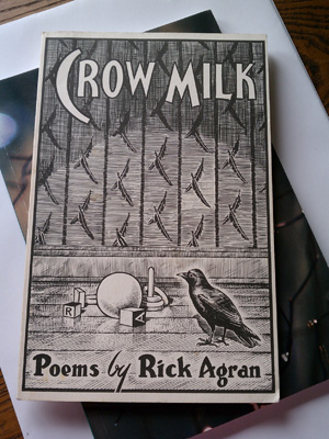 Cover of the poetry collection, Crow Milk features a crow, indoors, perusing retro feathered wallpaper and kid's toys