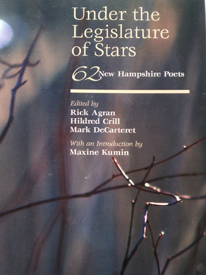 Cover of the poetry anthology, Under the Legislature of Stars, features sunlit twigs and a dark green forest background