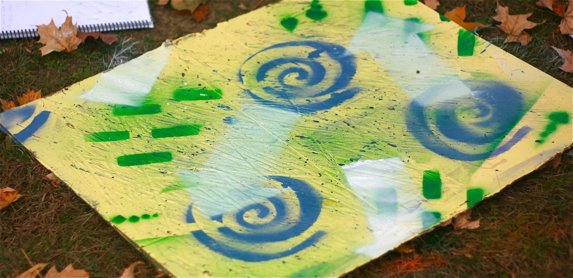 This is a joyful painting with spiral marks in blue on a yellow background.
