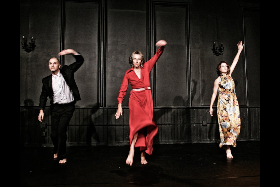 trio, arms swiping, formal dress