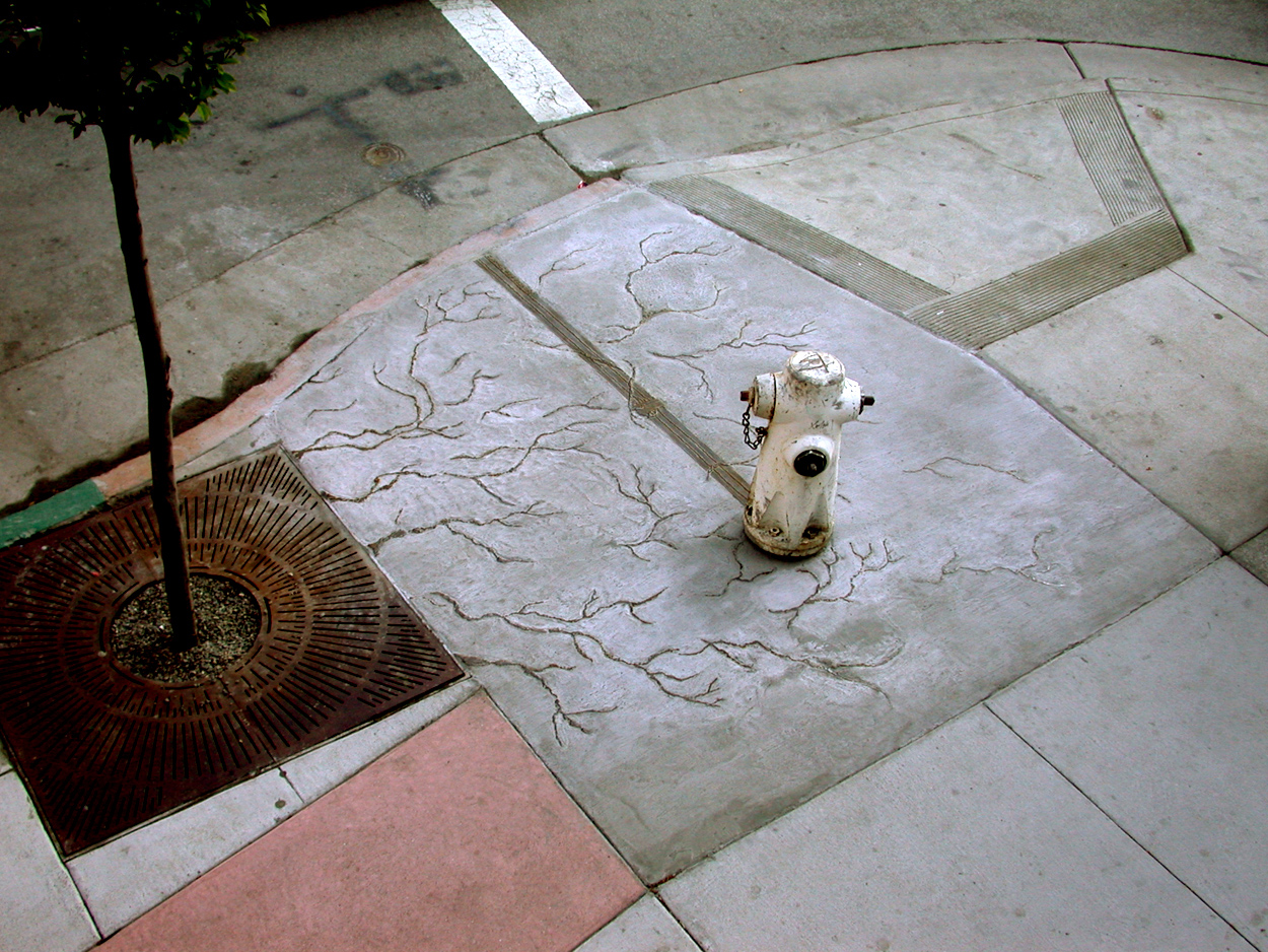 sidewalk with welded steel to look like tree roots wrapping around the fire hydrant pipe