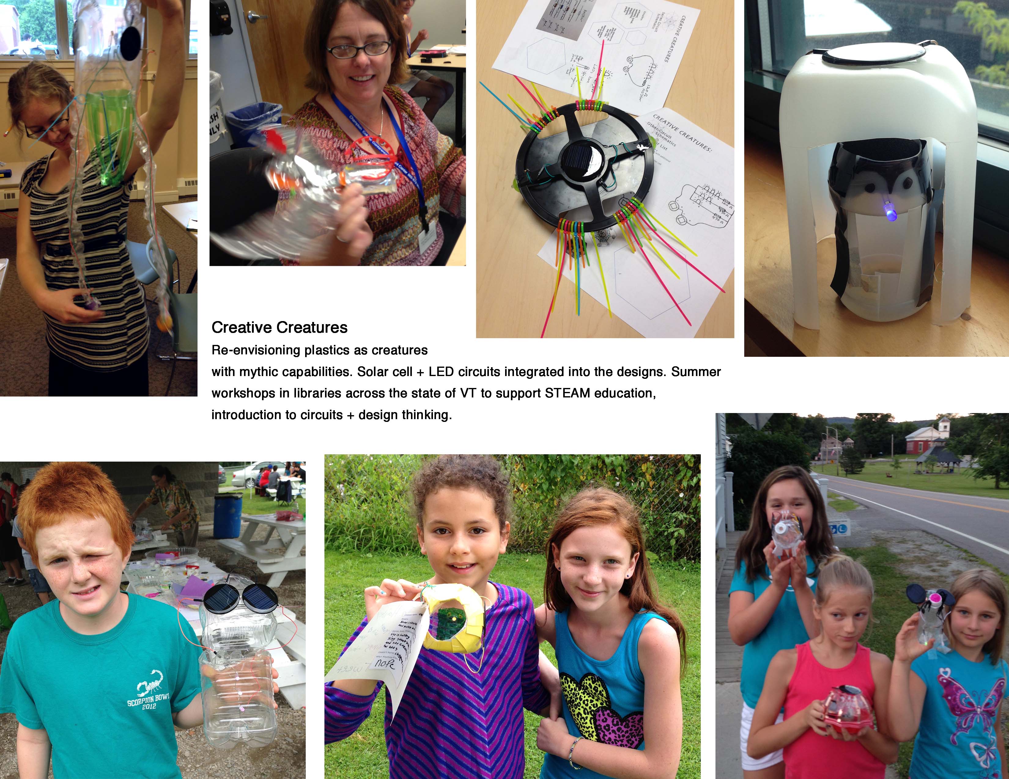 sample projects of "creative creatures" with plastics, solar cells, and LEDs