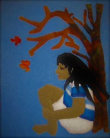 fleece picture "painting" - titled:"before winter" - girl below tree, blue bkgrnd