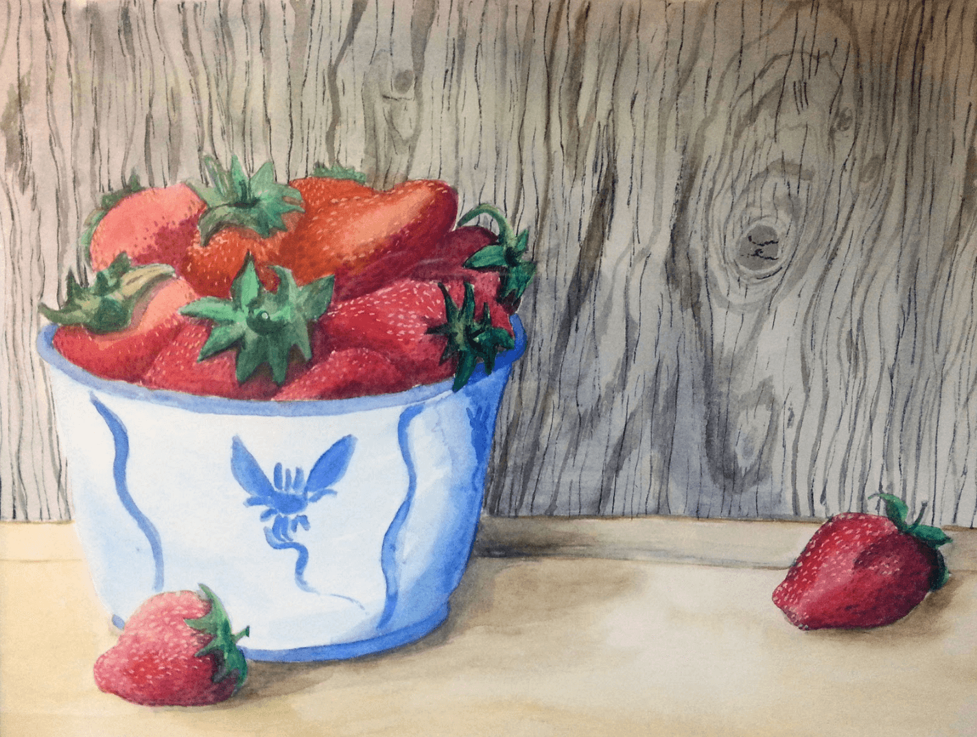 strawberries in a white and blue bowl with a wood background watercolor