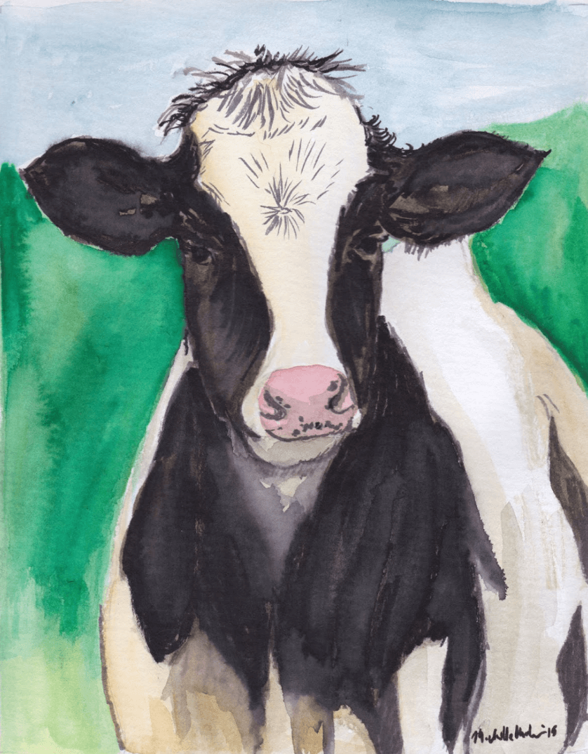 watercolor of a black and white cow on green backround