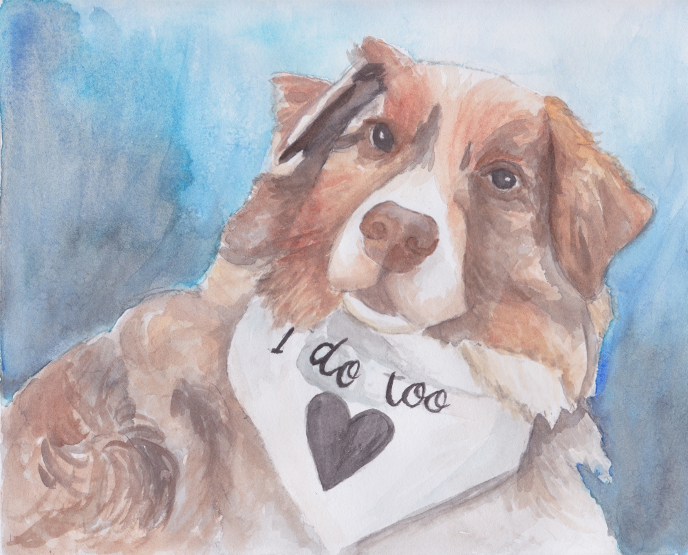 watercolor of a brown and white dog on a blue background