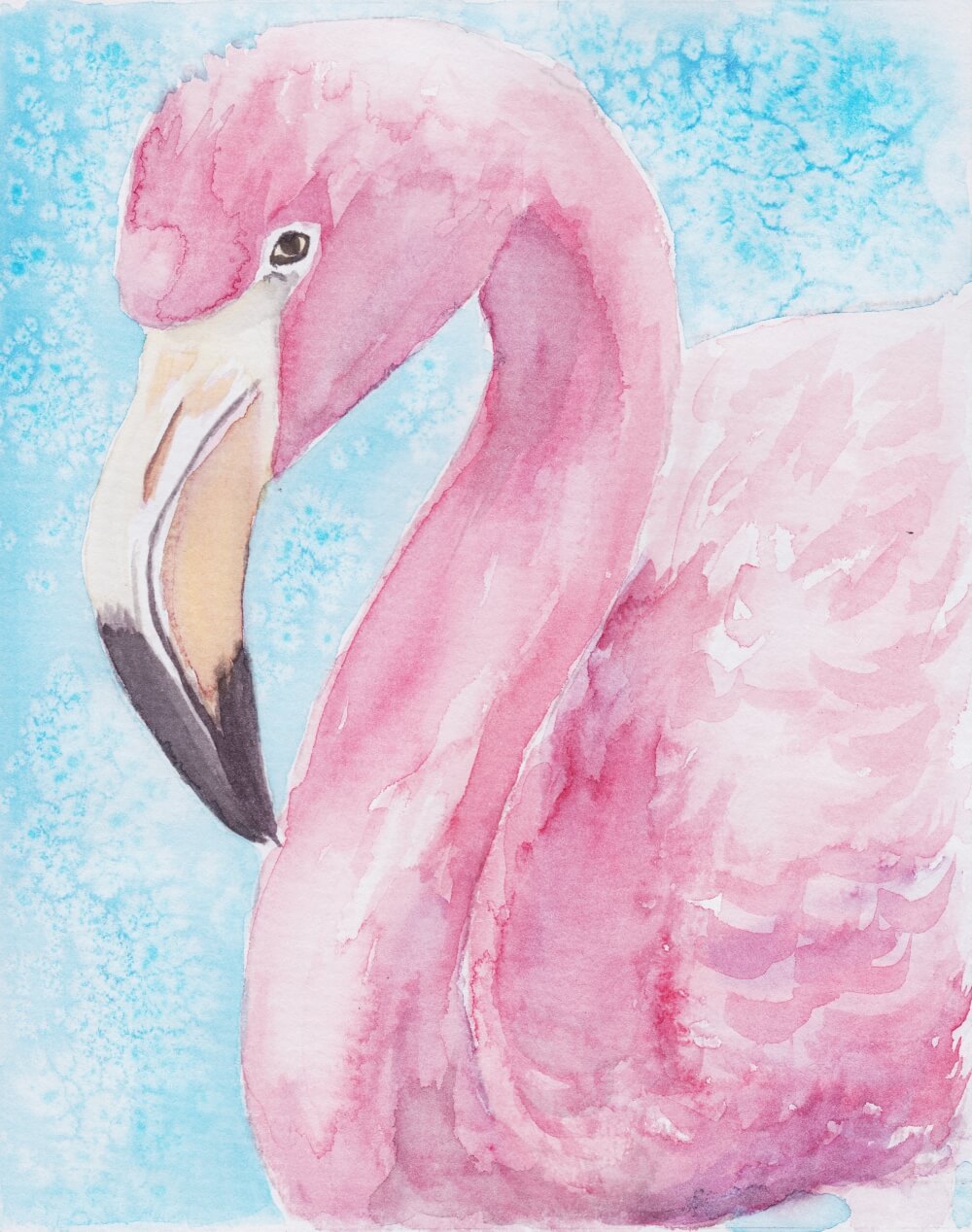 watercolor profile of a pink flamingo on a blue background
