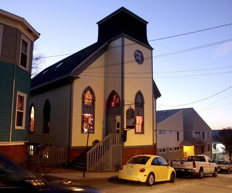 An exterior photo of Mayo Street Arts, which is housed in a 130+ year old Danish Lutheran Church.