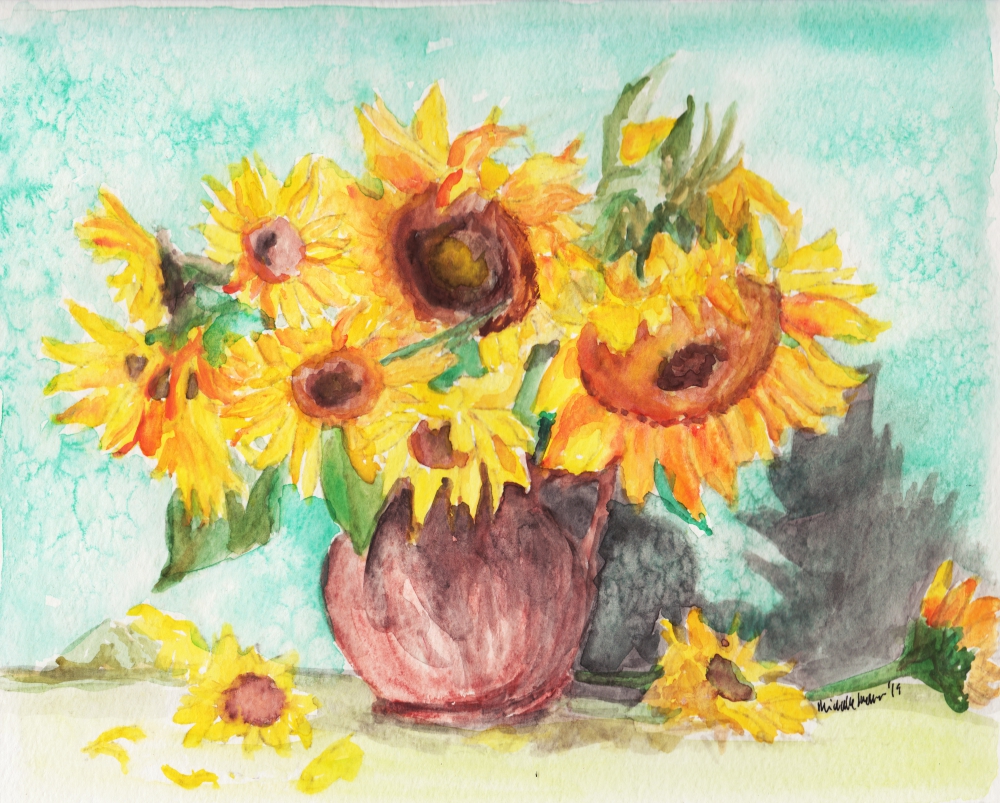watercolor of a brown pot of sunflowers 