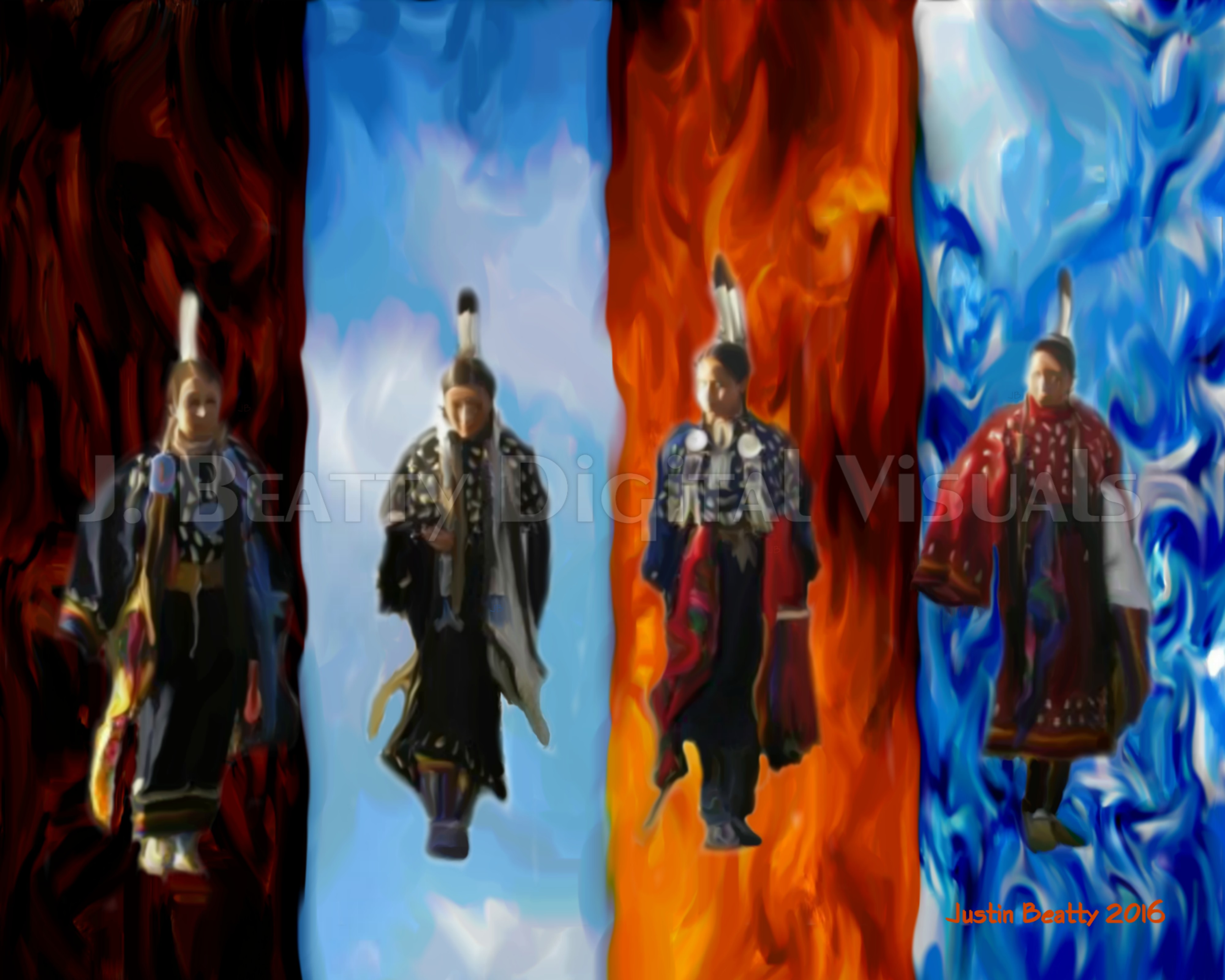 Four Native American traditional plains-style dancers stand in a line each in front of a background representing the elements of earth, wind, fire, and water.