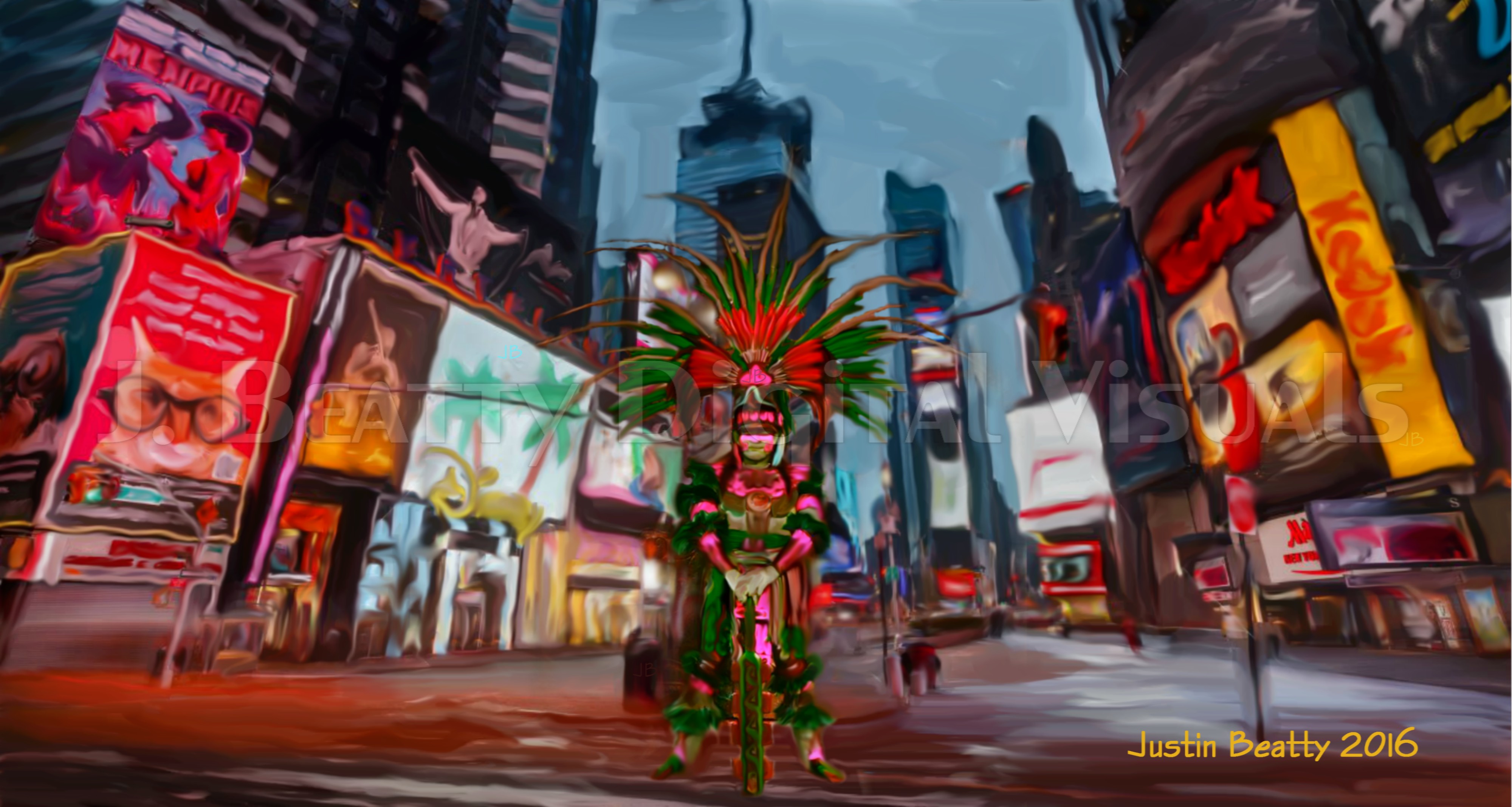 A make Aztec dancer stands proudly in the midst of neon signs and technology in a space reminiscent of NYC's Times Square.