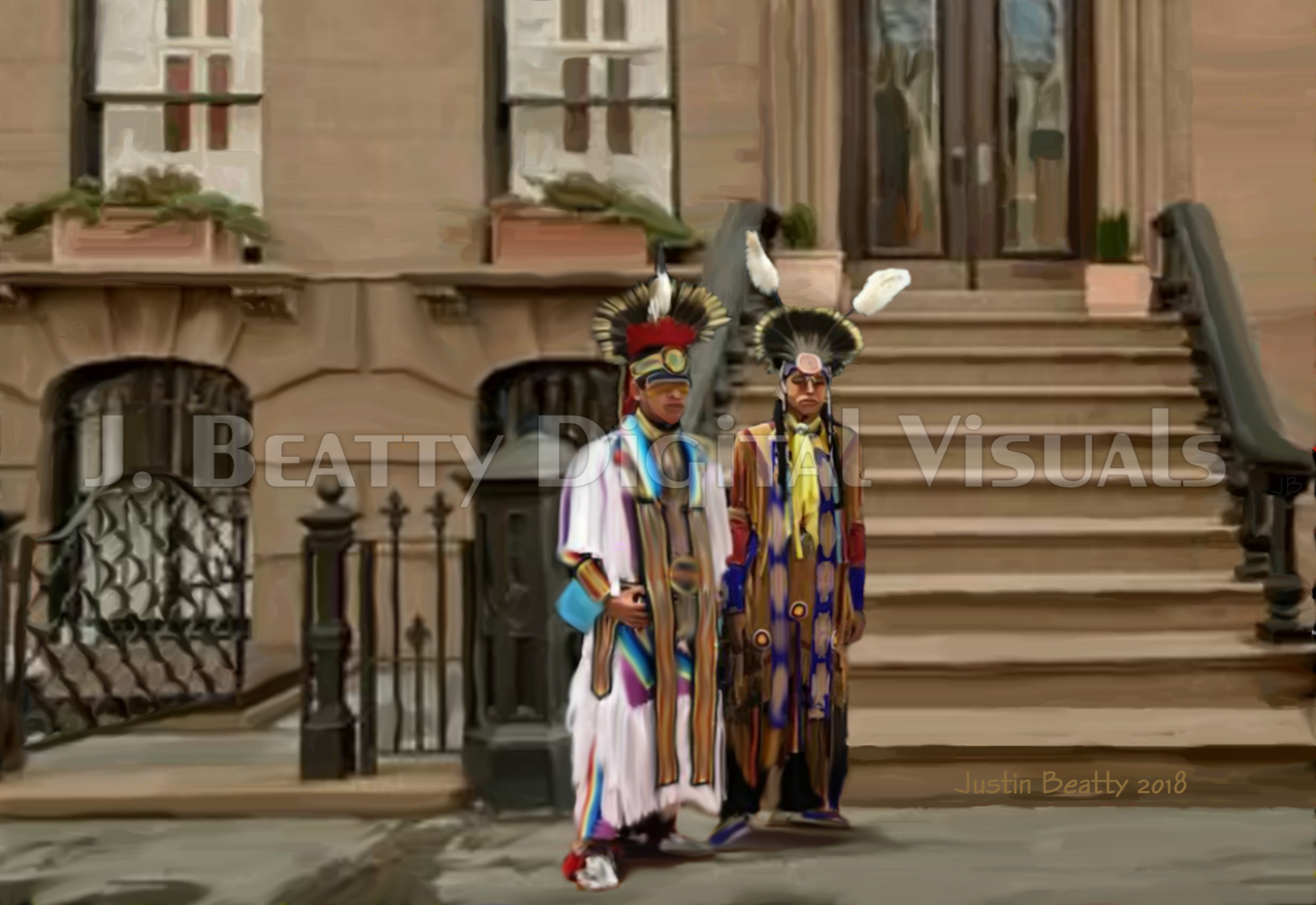 Two Native American men in their Grass Dancer regalia stand in front of a Brownstone apartment building.