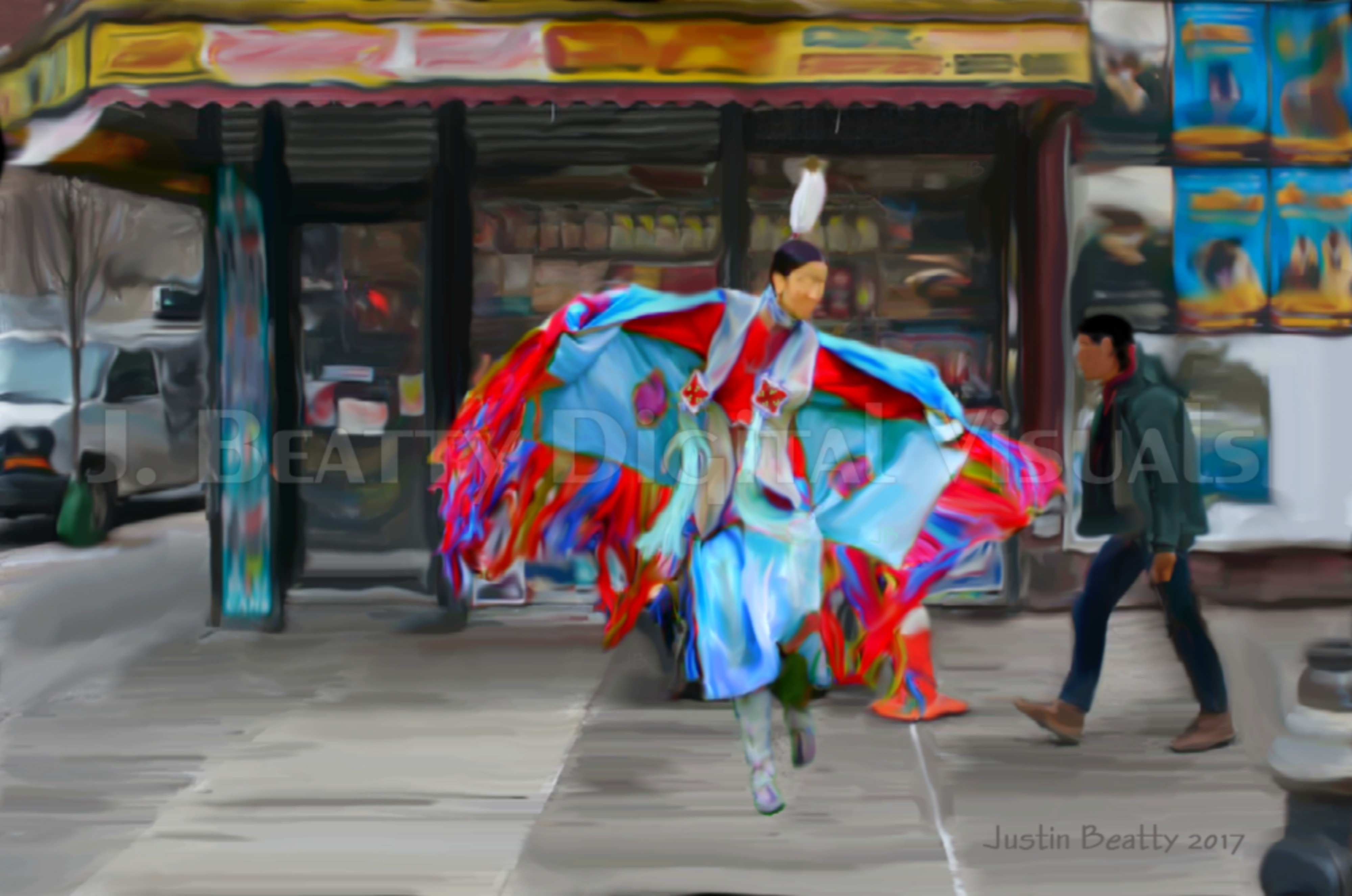 Native American Woman's Fancy Shawl dancer, dancing in front of a bodega as a man walk by behind her.