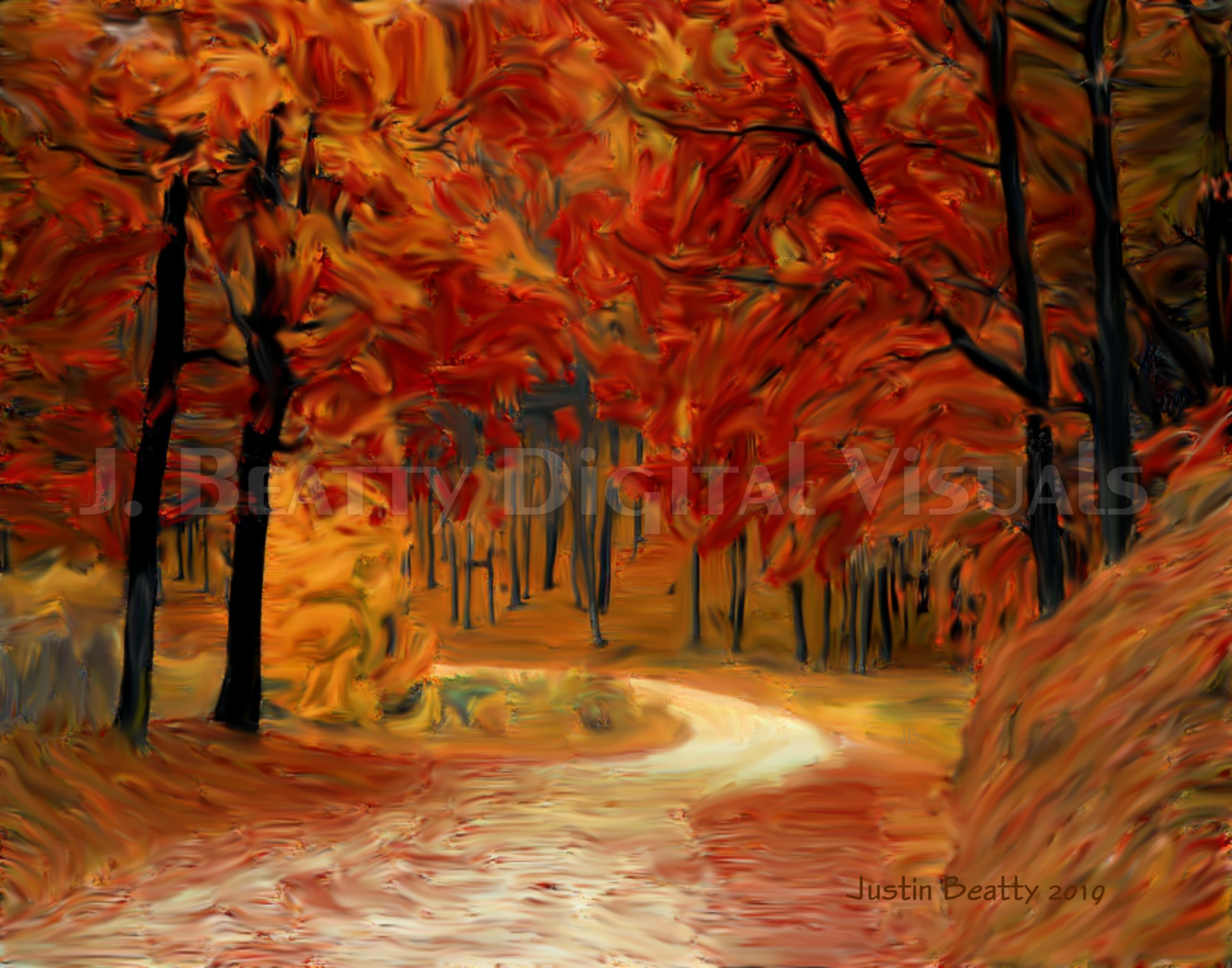 A winding path makes its way through the forest in late autumn. 