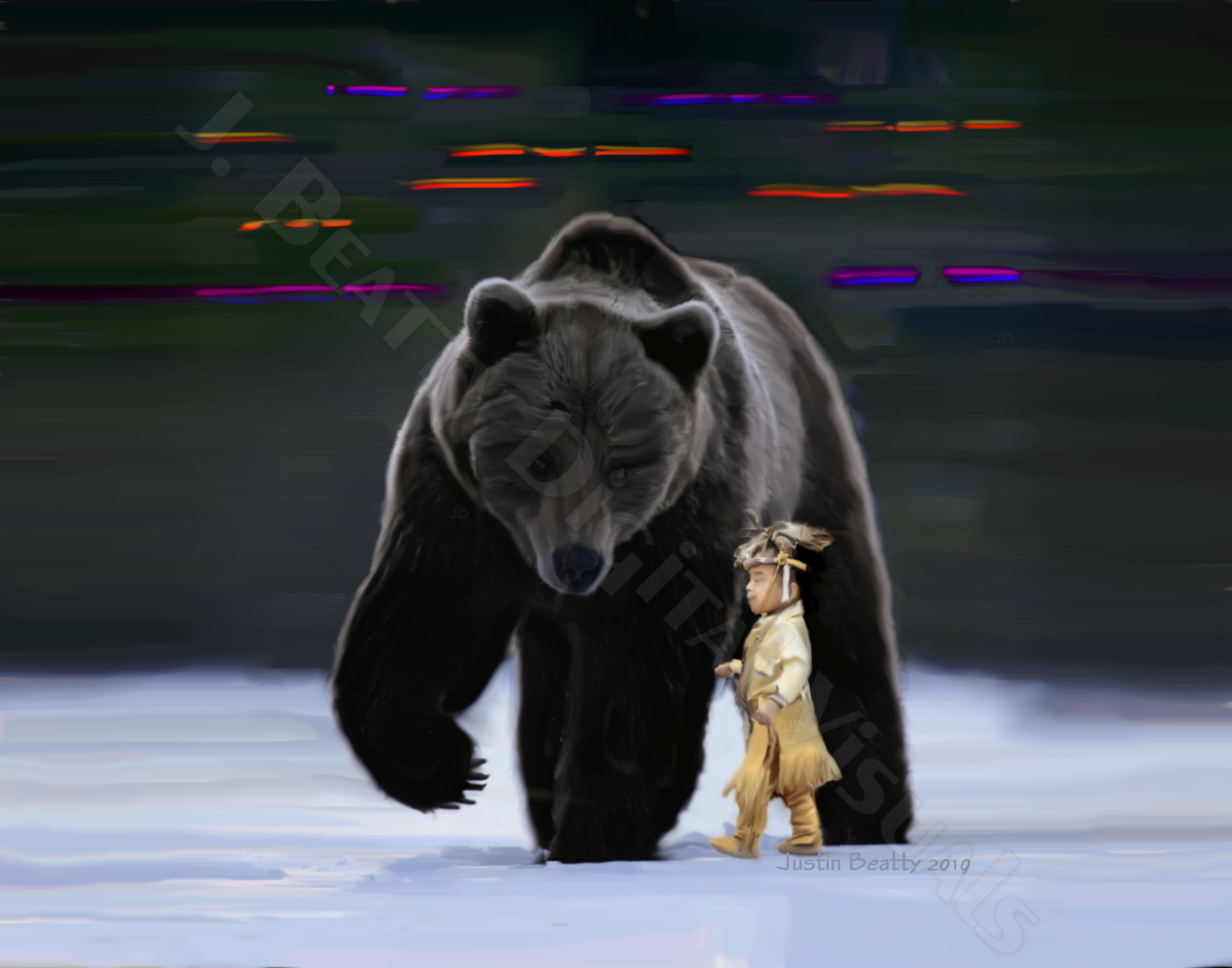 A young Native American boy in eastern-style traditional regalia stands next to a large, protective bear who is looking down at the boy.