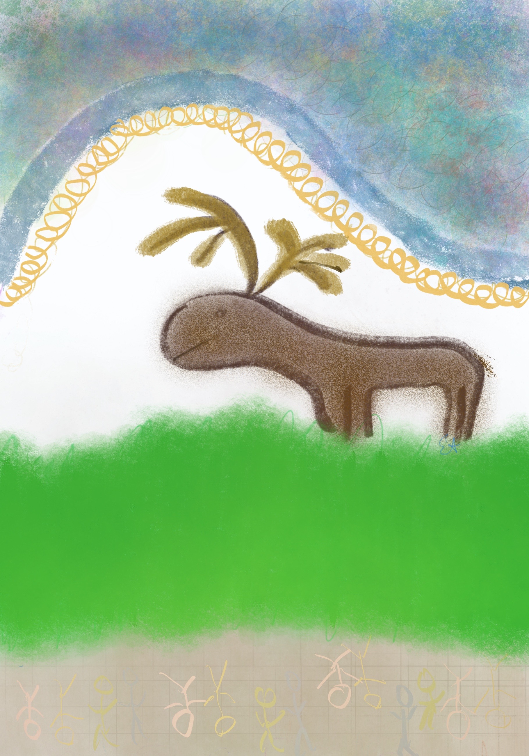 A brown moose stands under the blue, gold sky 