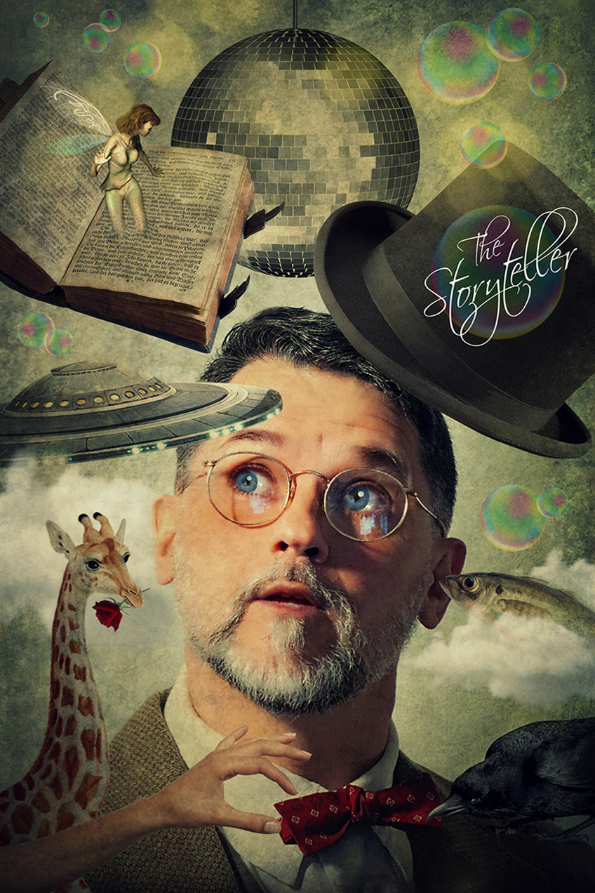 Painting of a wide-eyed bespectacled man wearing a top hat and staring into the clouds. He is surrounded by a disco ball, bubbles, a fairy, falling books, UFOs, a giraffe holding a rose, a crow, and a fish whispering in his ear. "The Storyteller" is written on his top hat.