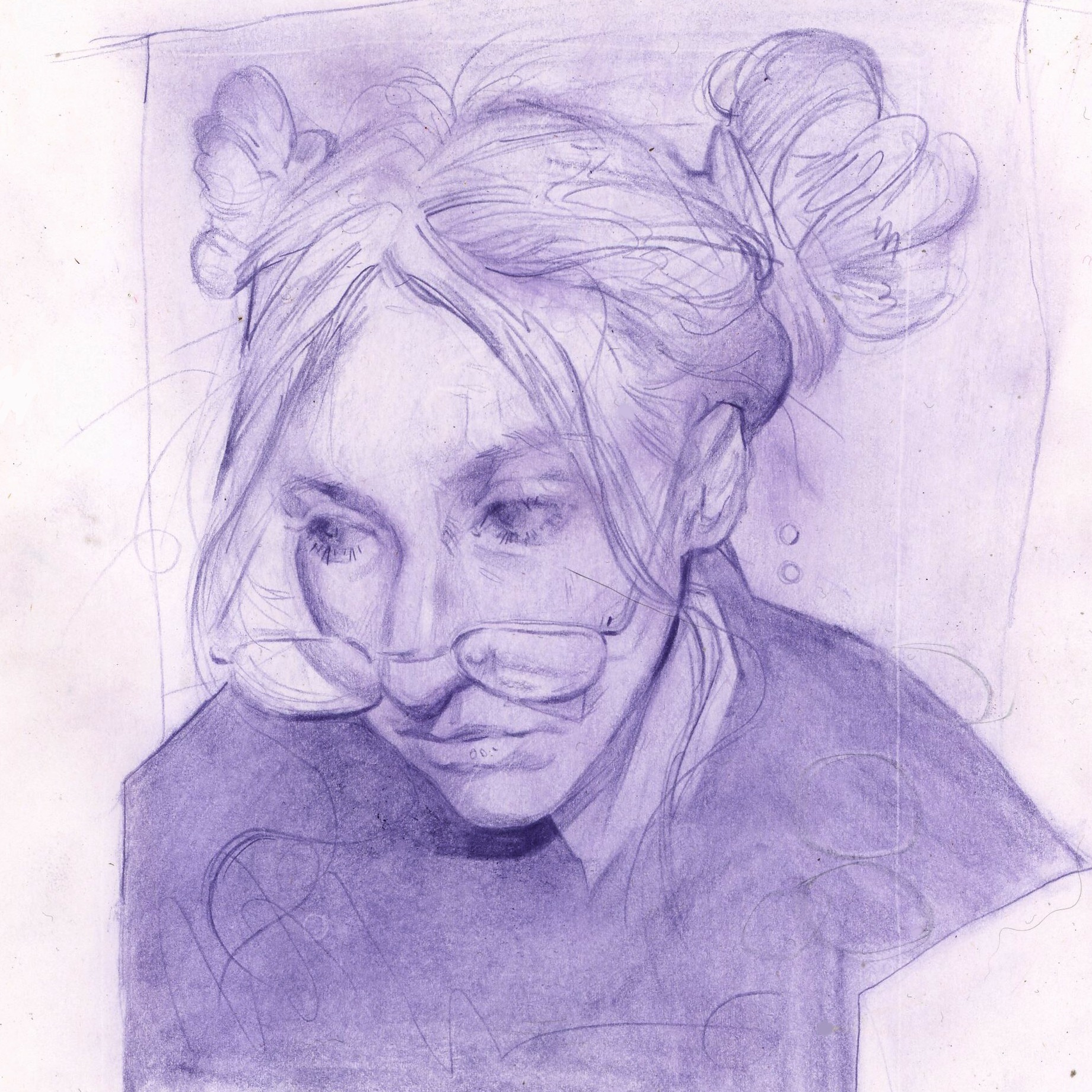 A purple portrait in colored pencil.