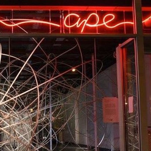 Red neon lettering spells "a.p.e" above a glass doorway. Circular, intersecting wooden loops from a sculpture by artist Gina Siepel appear from the left side of the photo. Darkened interior peeks through from behind. 