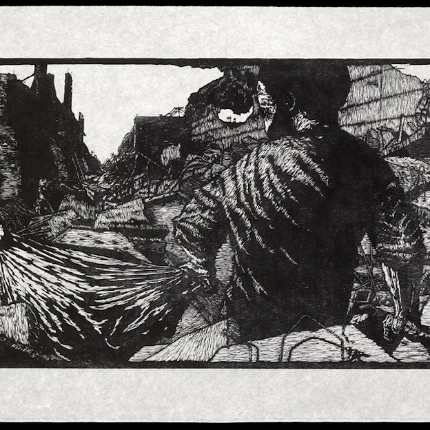 A black and white woodblock print showing a scene of destruction. A man stands in the foreground with his back facing out. 
