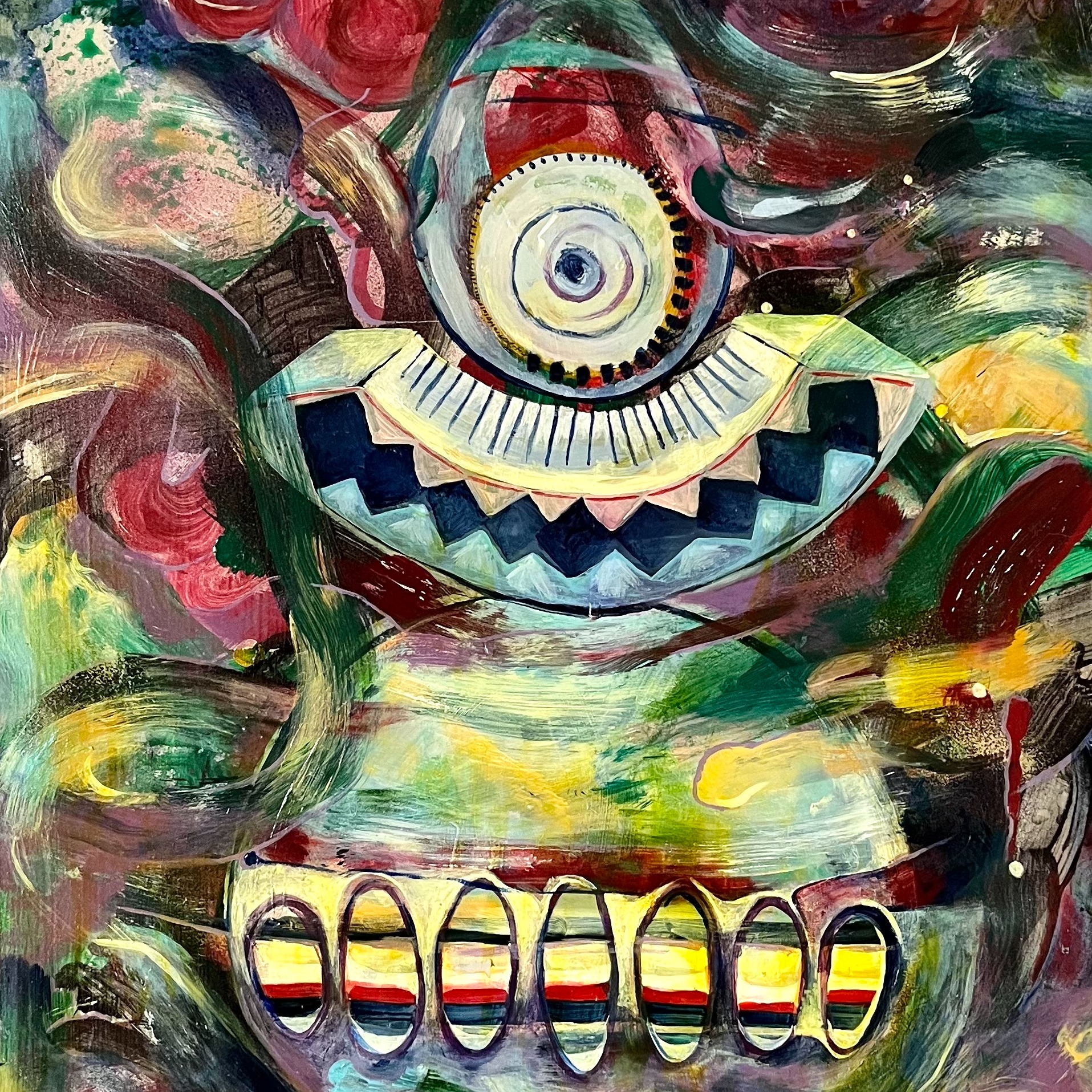 Geometric forms and crimson ribbons coalesce to convey a teetering primitive doll.