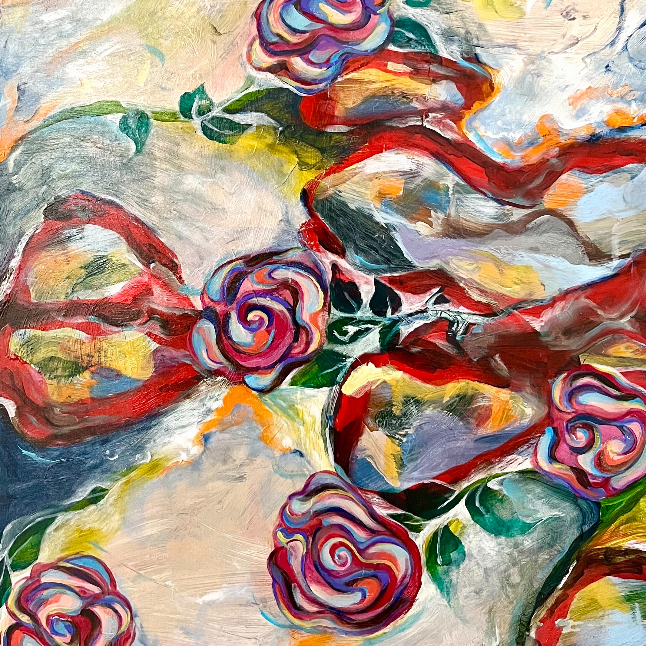 Abstract roses, vines, and pools of variegated color