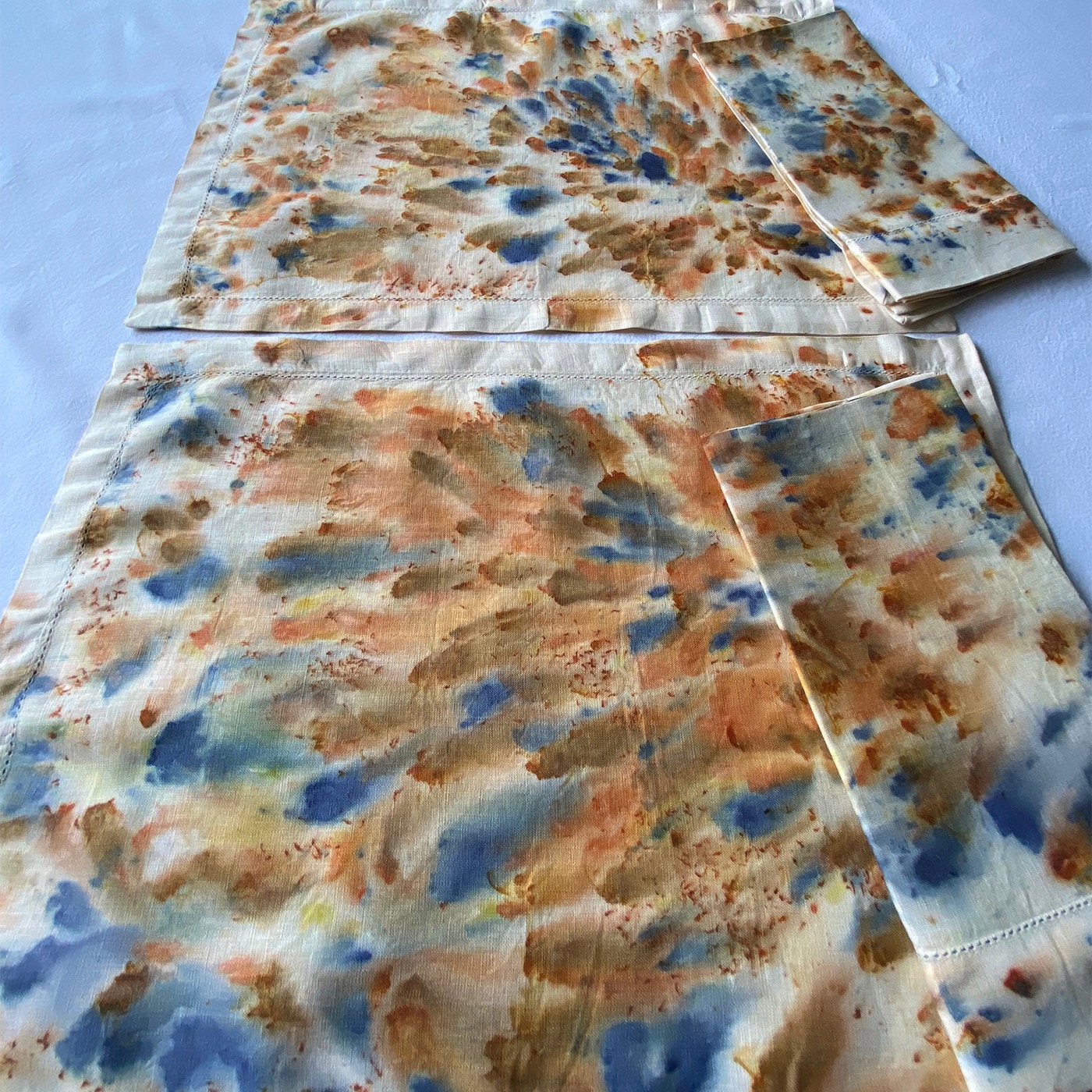 Botanical imprinted linen, using black hollyhock, calendula and coreopsis flowers