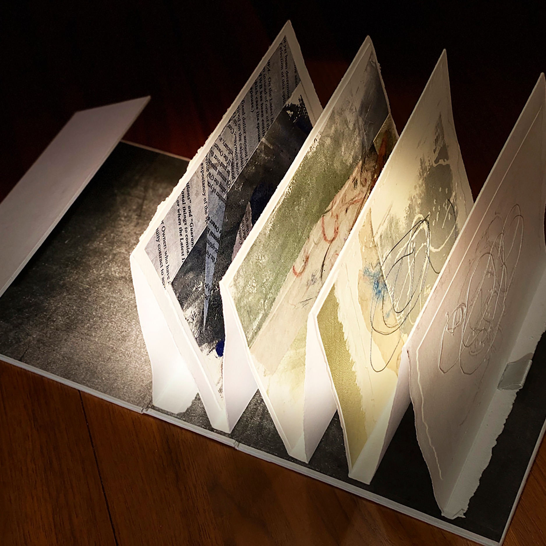 Open handmade 3D paper work, wallet, monotype hand-pulled prints: 14.5"X6.25 (size when open)