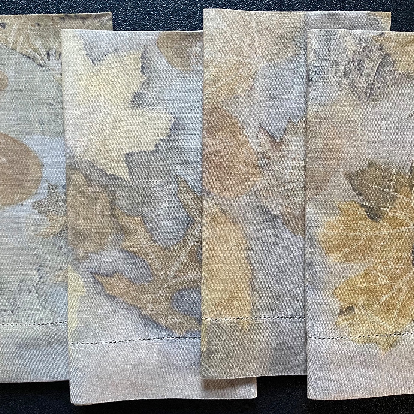Walnut hull dyed, leaf-imprinted linen