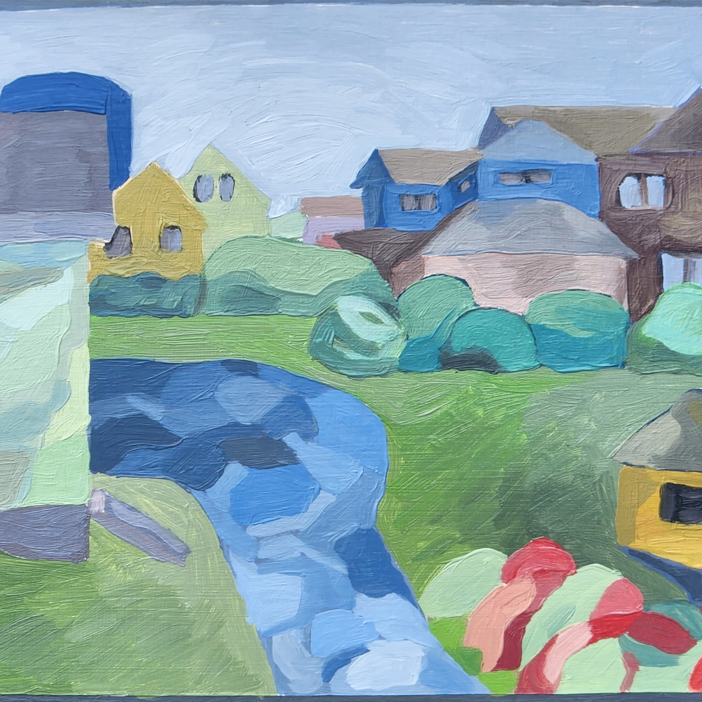 semi-abstract painting of backyards and houses