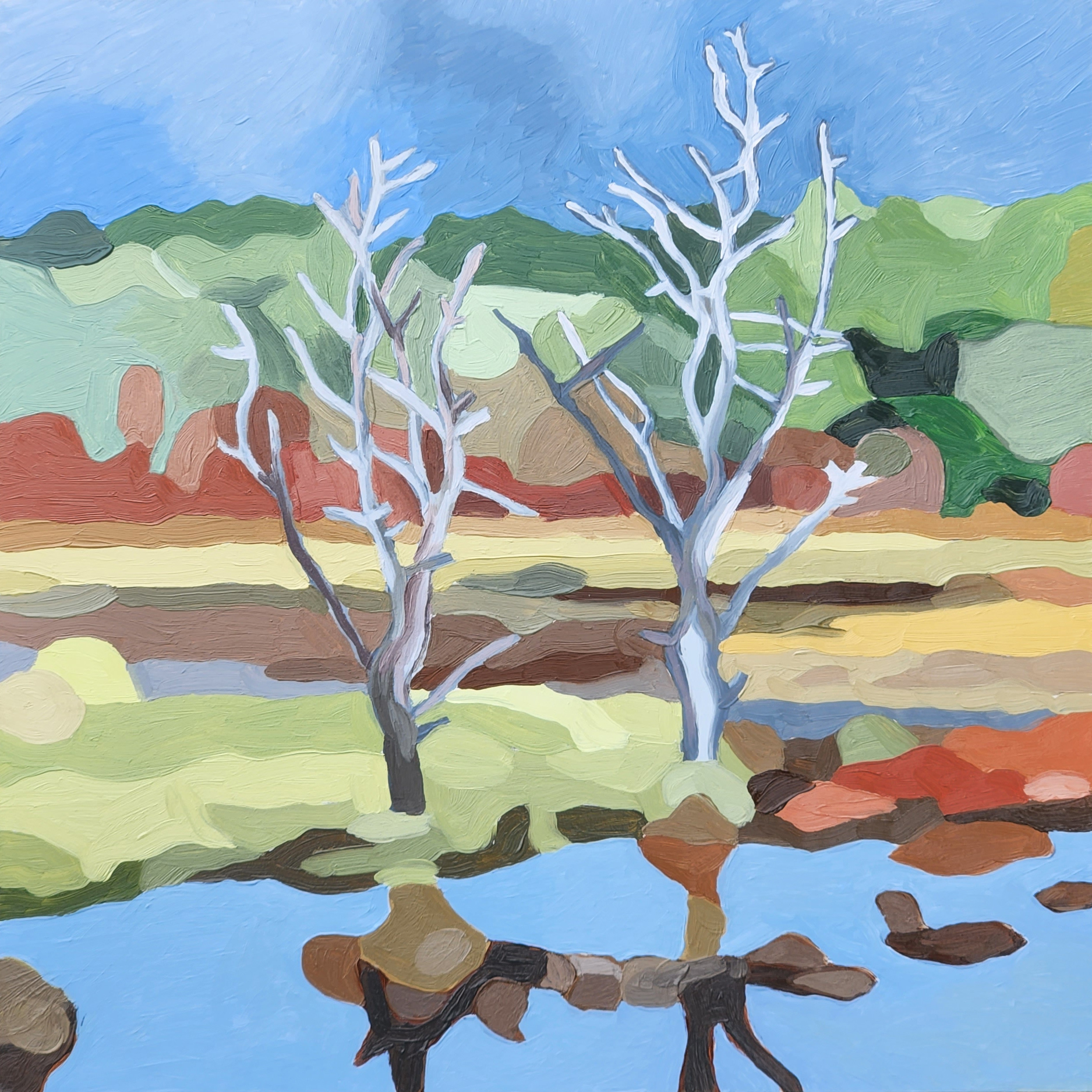 semi-abstract landscape painting of two trees in a marsh