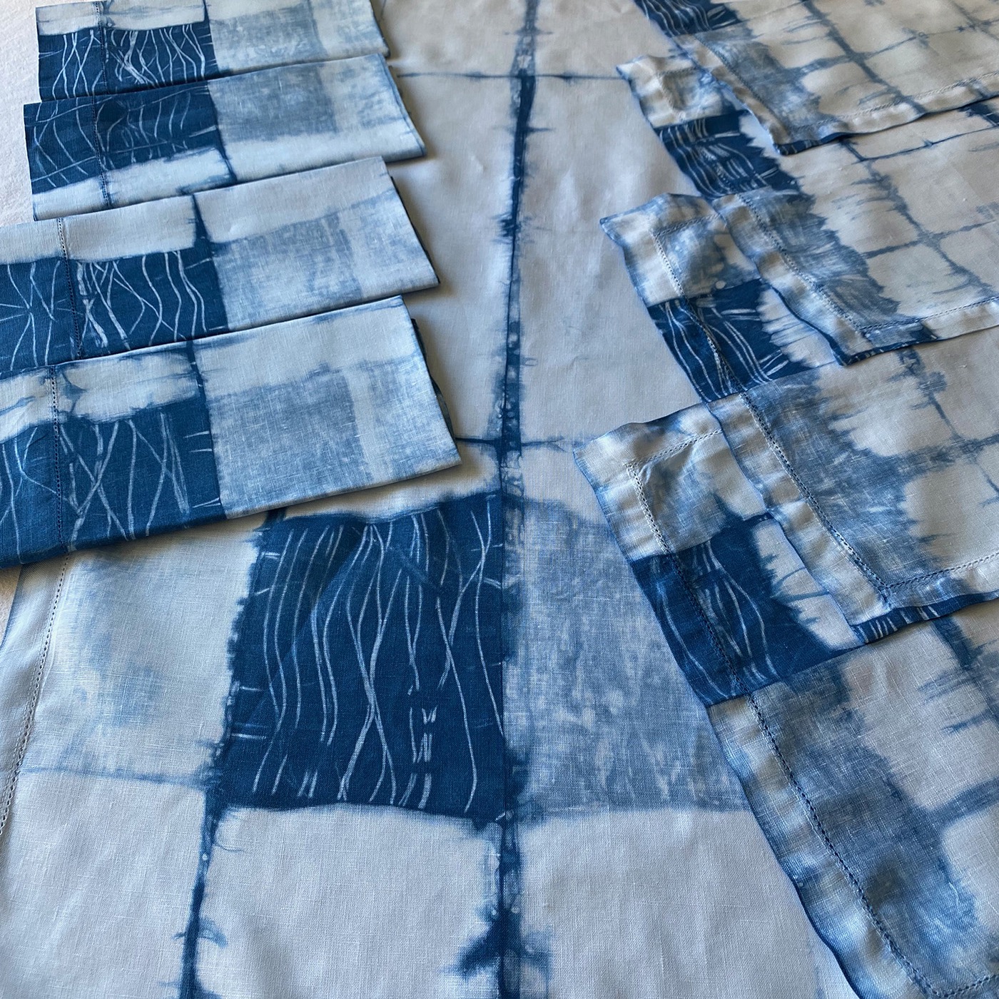 Indigo-dyed linen using Shibori technique