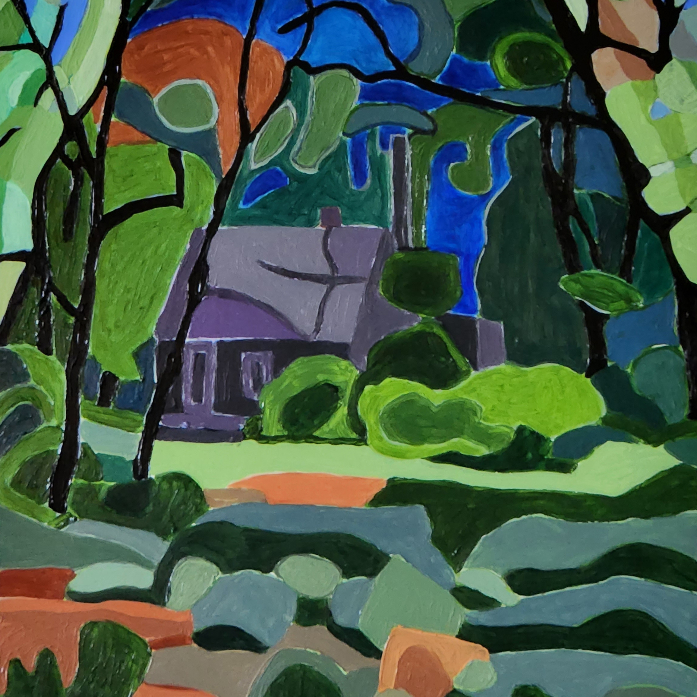 semi-abstract landscape of a house in the woods