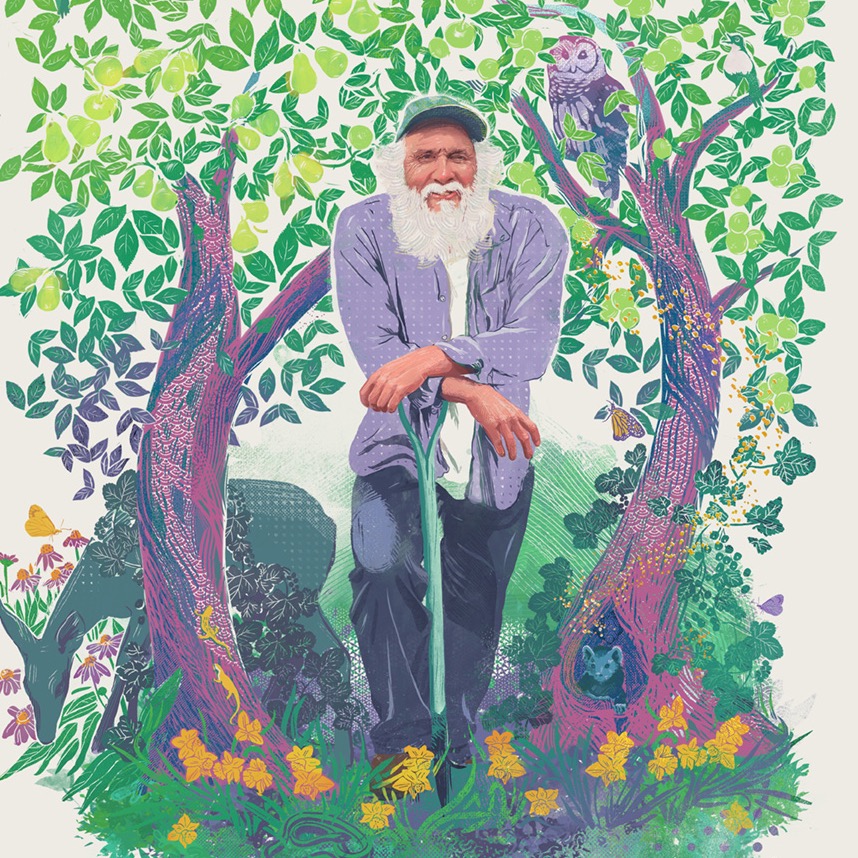 A colorful illustration of an orchardist surrounded by fruit trees filled with animals and insects.