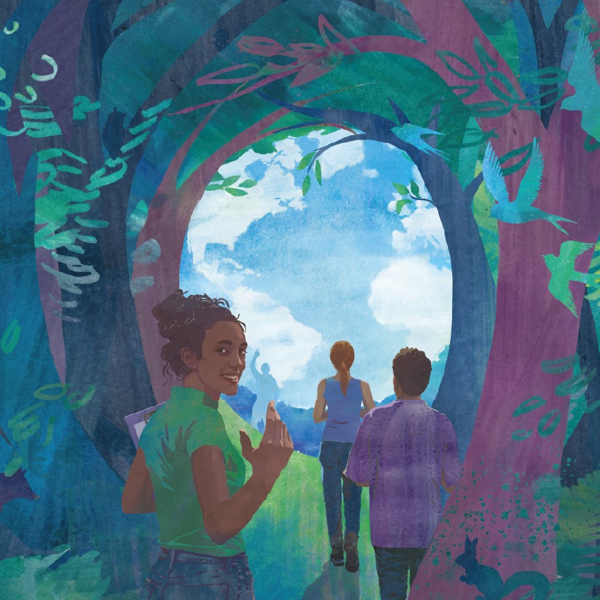Illustration of a young woman beckoning the viewer toward a clearing with clouds shaped like the earth. 