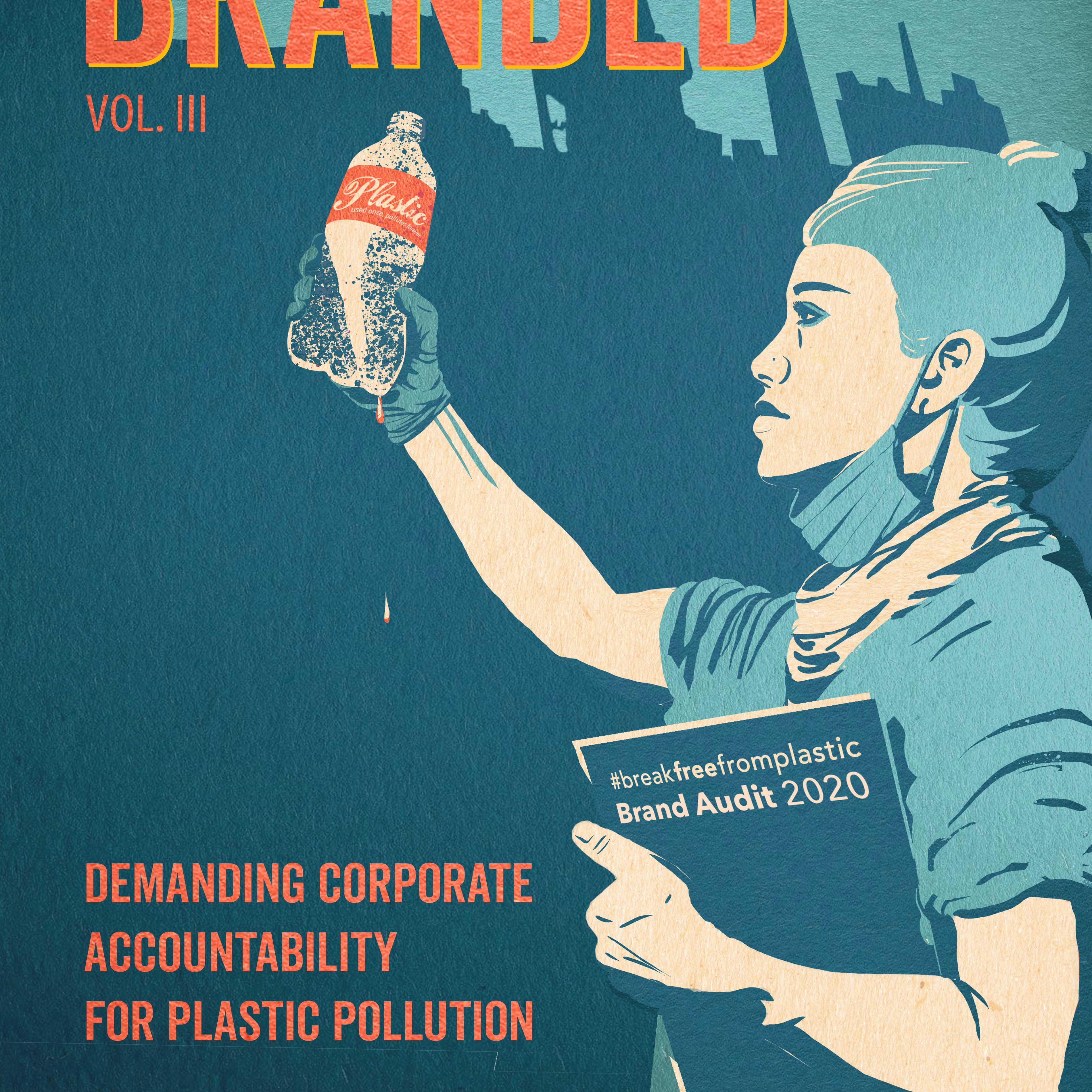 A young woman holds up a plastic bottle against a backdrop of refinery stacks