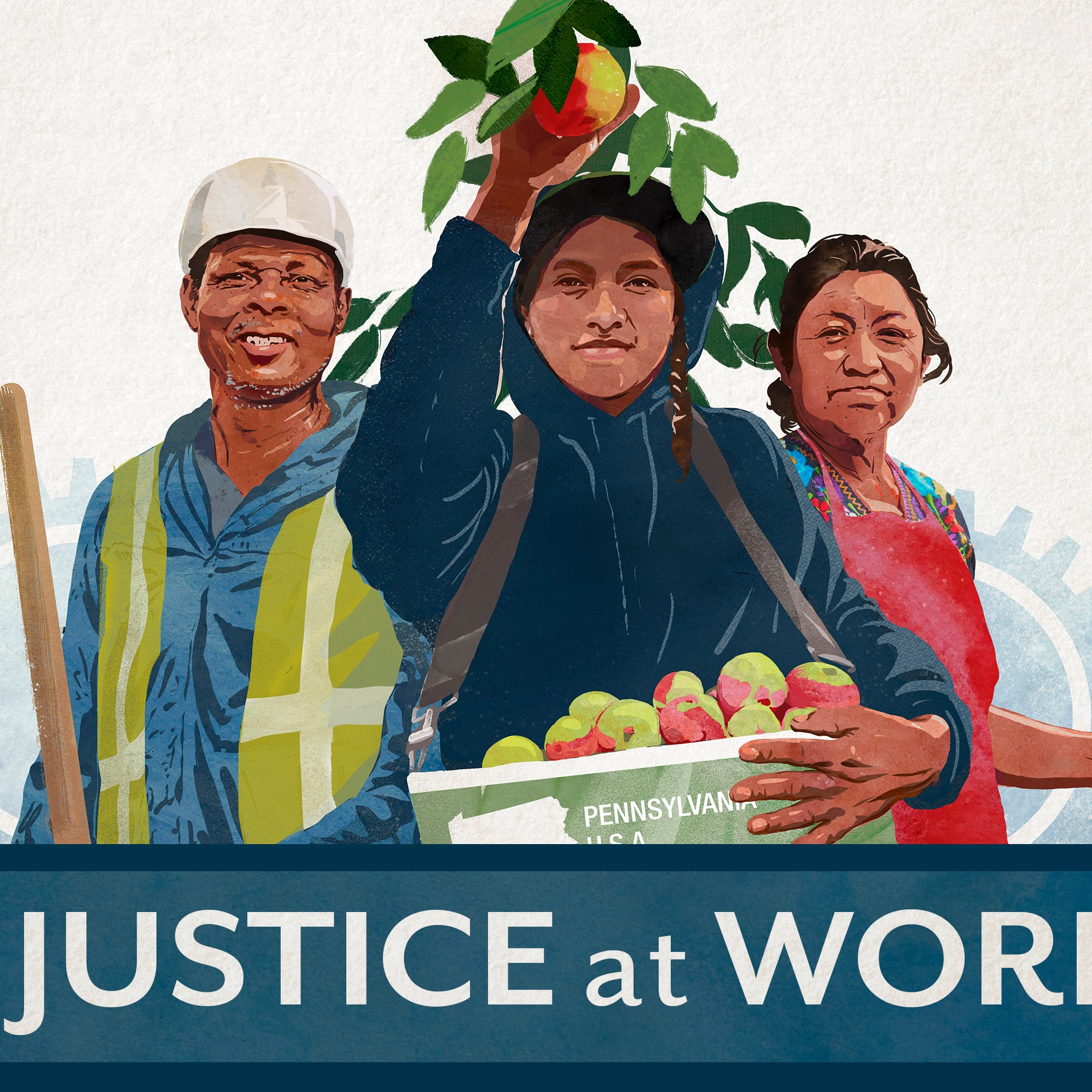 Illustration of three workers, the front woman with her arm upraised to pick an apple