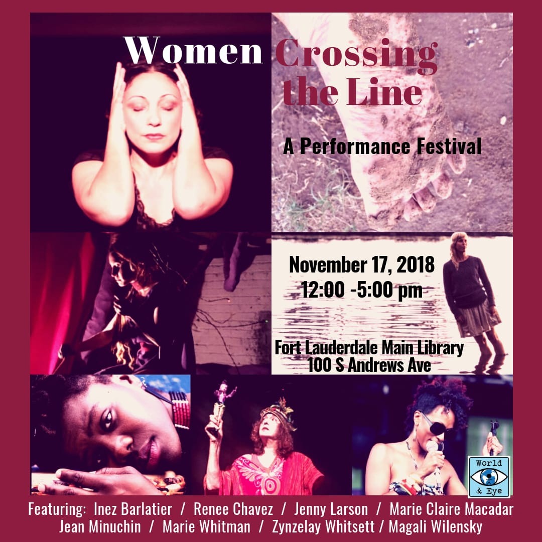 A poster with the caption "Women Crossing the Line: A performance Festival. Burgundy tones with photos of six performers