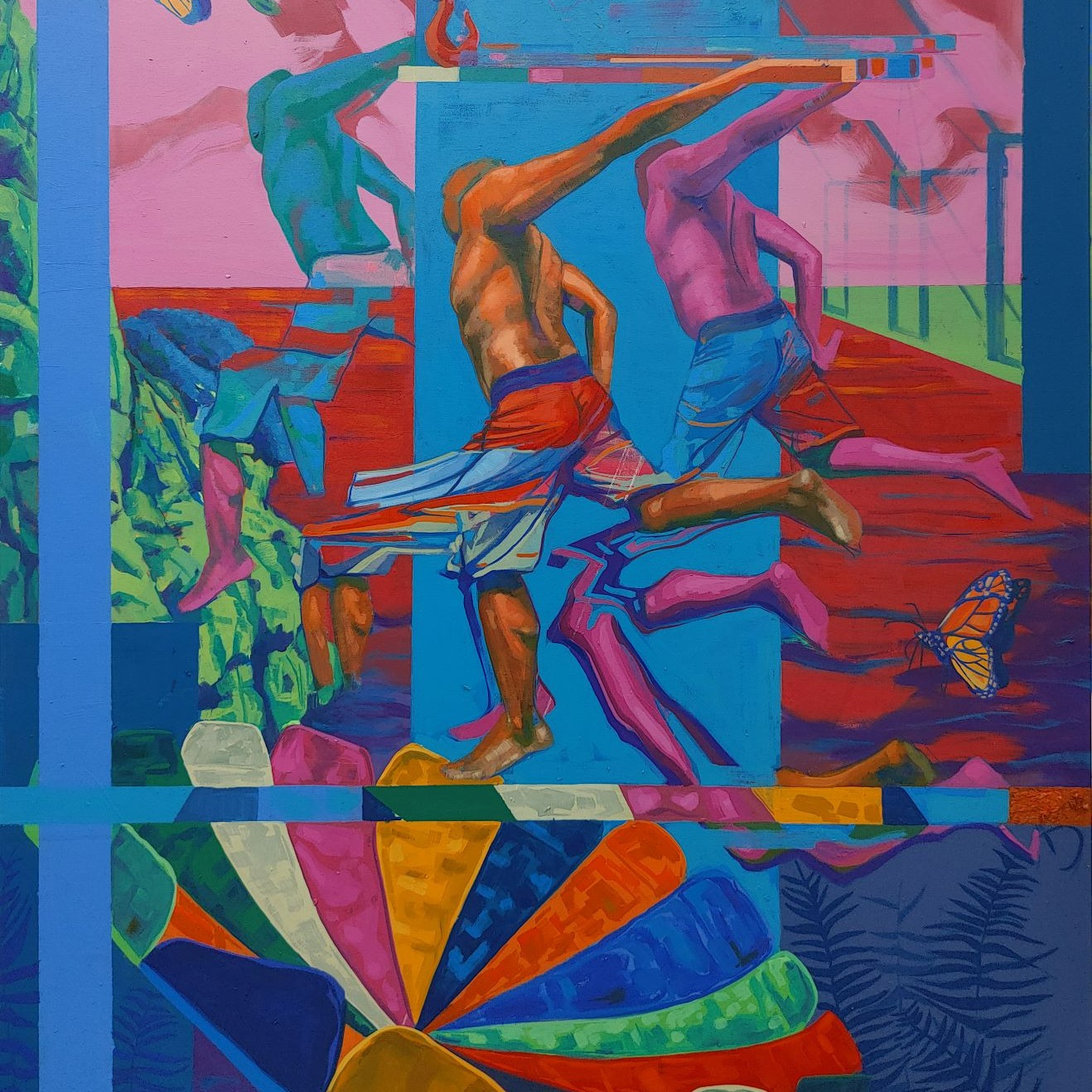 painting of male figures diving