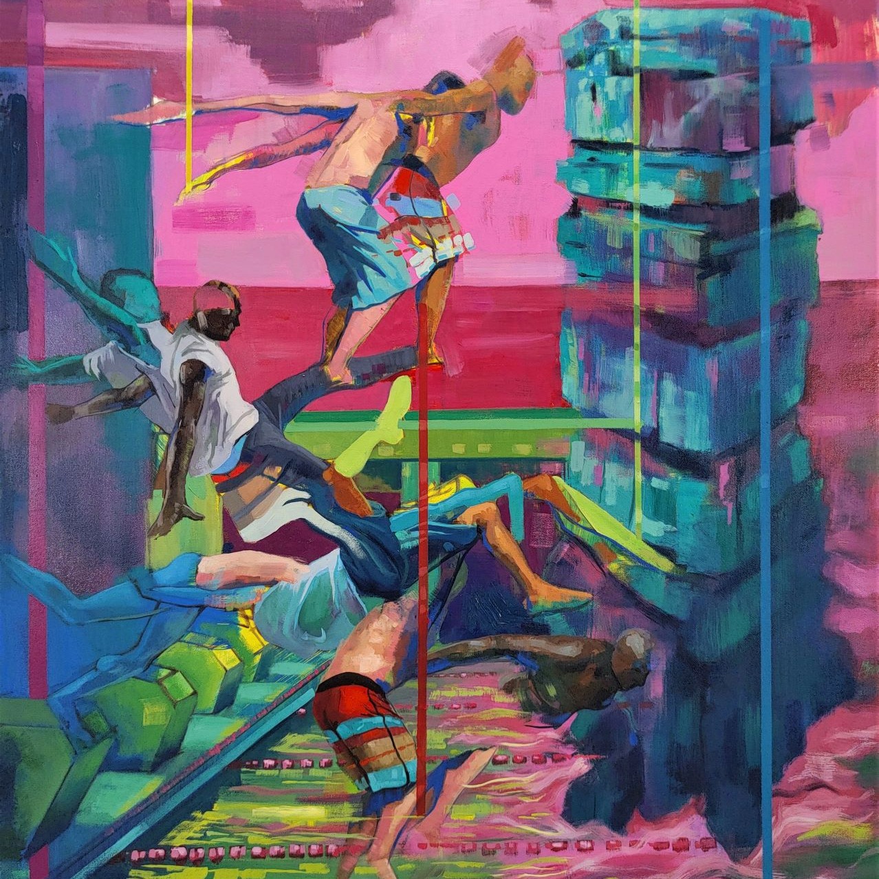 painting of male figures diving