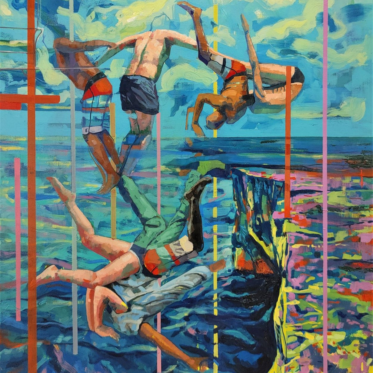 painting of male figures diving