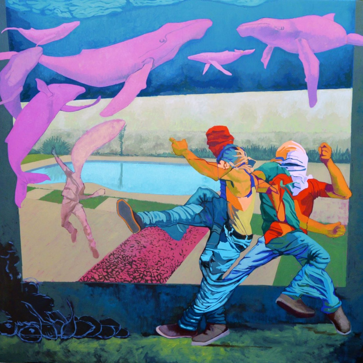 men dancing with whales floating over them
