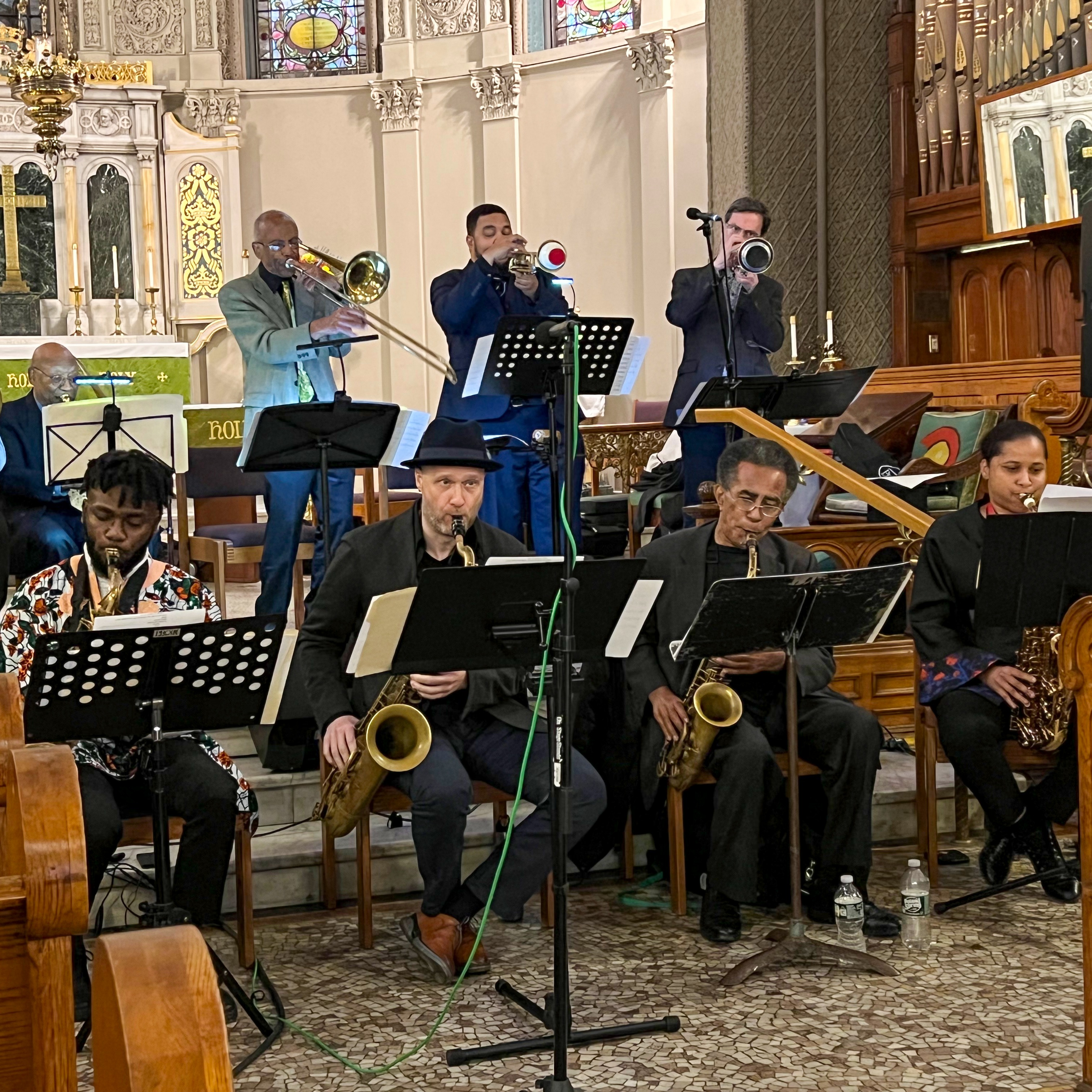 Makanda Project horn section: Front row l to r: Temidayo Balogun, Sean Berry Kurtis Rivers, Lee Odom. Back row l to r: Alfred Patterson (seated), Richard Harper, Haneef Nelson, Jerry Sabatini.