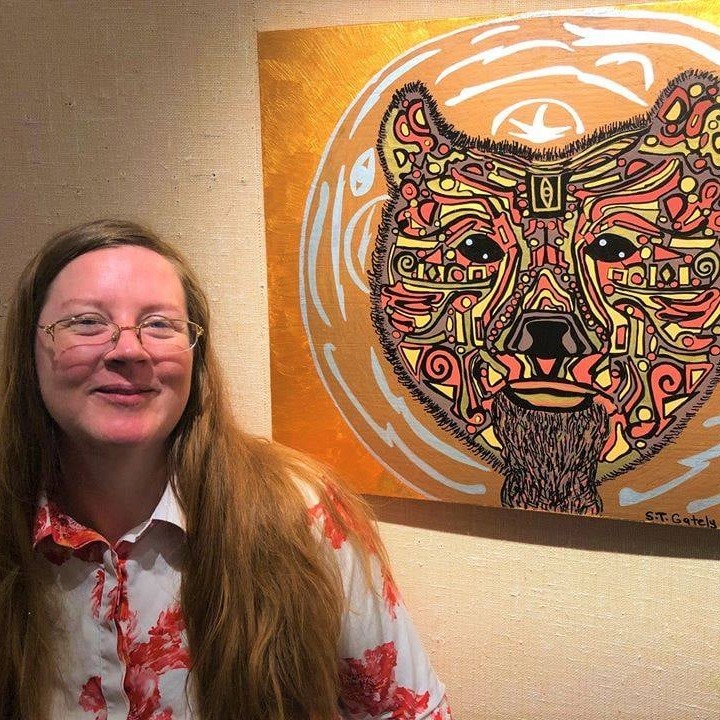 Artist Posing with Abstract Bear Painting