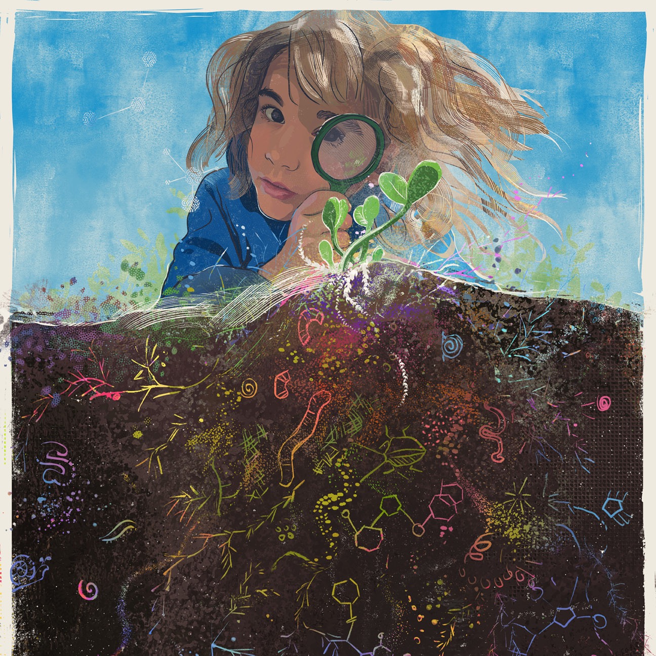 A child examines a sprouting plant with a magnifying glass