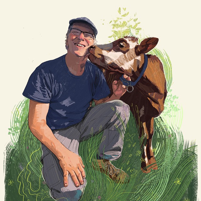 A farmer kneels laughing while his cow licks his face