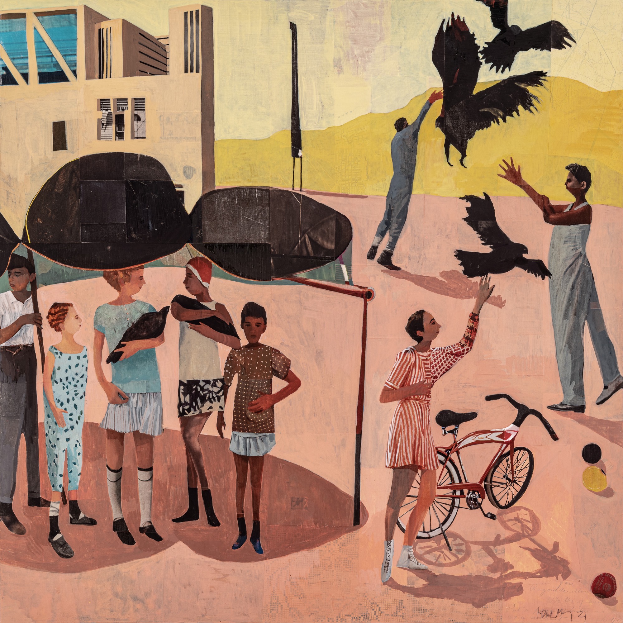 Collage painting titled Bird Club by artist Hannah Morris