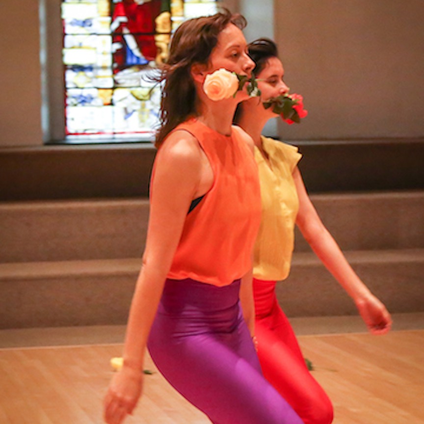 Nora and Kate are mid movement in unison with arms down and a rose in each of their mouths. They wear bright purple and red spandex pants. Nora wears a bright orange tank top and Kate is in a yellow blouse.  