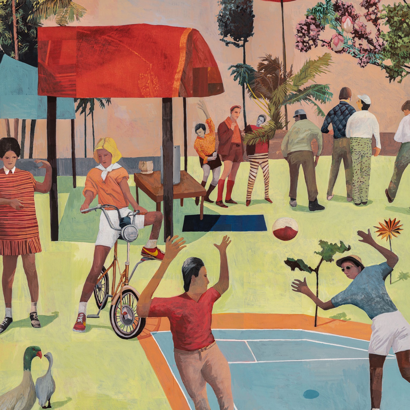 Bright collage painting titled Summer Camp by artist Hannah Morris