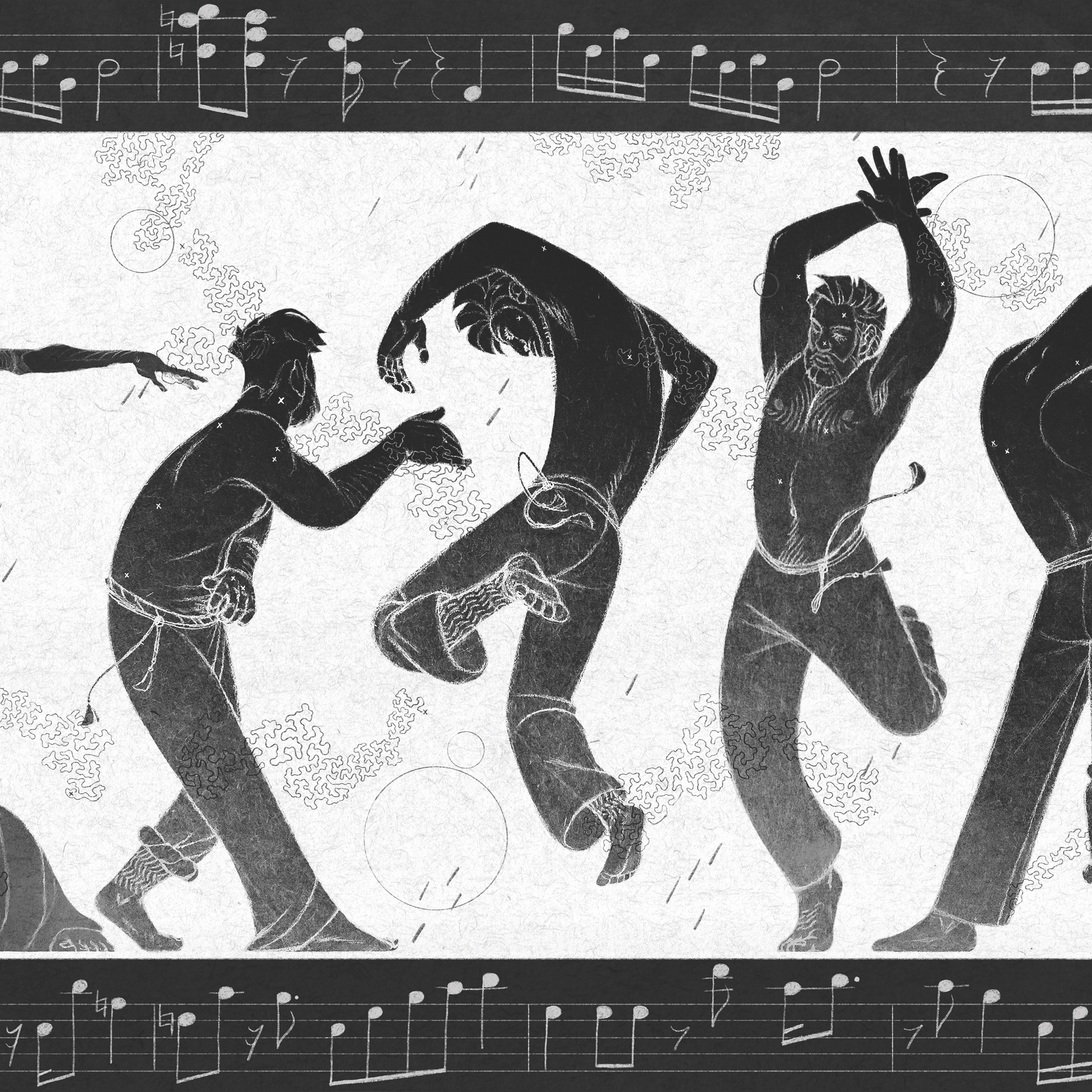 5 dancers flow across the page. Above them, a melody is notated in sheet music, and an accompanying bassline lays under their feet.
